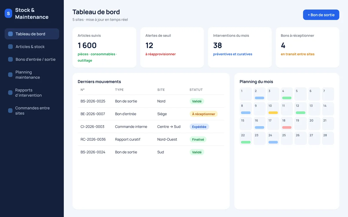 Écran de Gestion de stock & maintenance