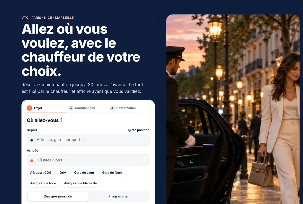 Écran de Site de réservation VTC